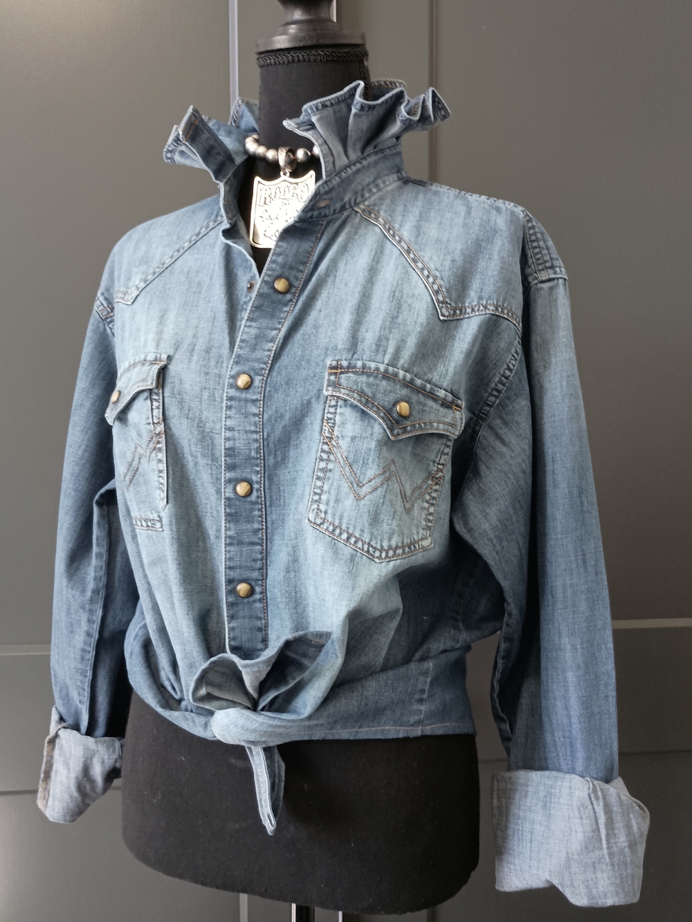 Upcycled Women's Wrangler Denim Ruffle Collar Shirt #R2